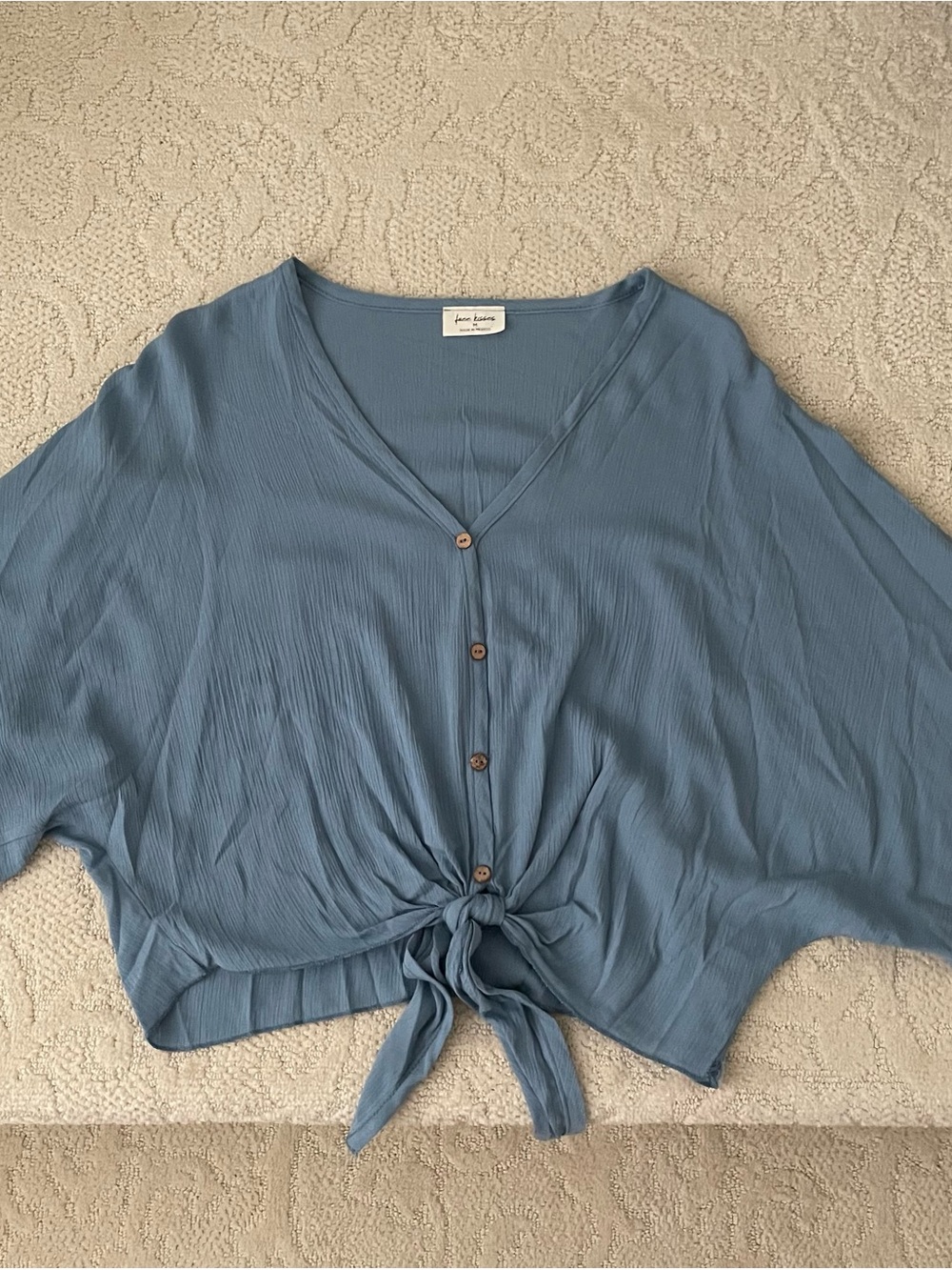Free Kisses Dusty Blue Button-Front Tie Blouse